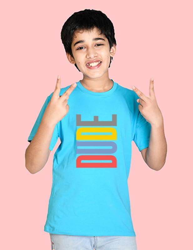 Image of Nusyl Boys Dude Text Printed Half Sleeve Regular Fit Tshirt, Cotton Blend Round Neck T-Shirt,