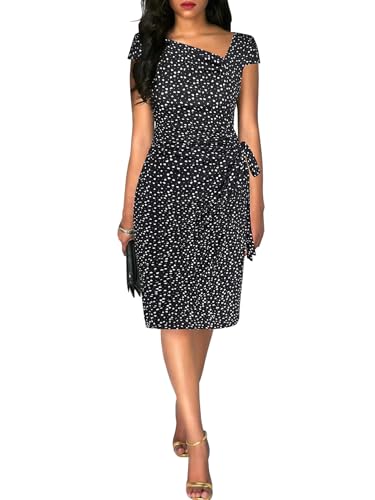 Image of Women's Vintage Cap Sleeves Asymmetrical Neckline Sheath Bodycon Casual Work Cocktail Party Pencil Faux Wrap Dresses