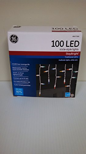 GE 100-Count LED Mini Multicolor 477585 Staybright Icicle White-Corded Christmas String Lights ENERGY STAR