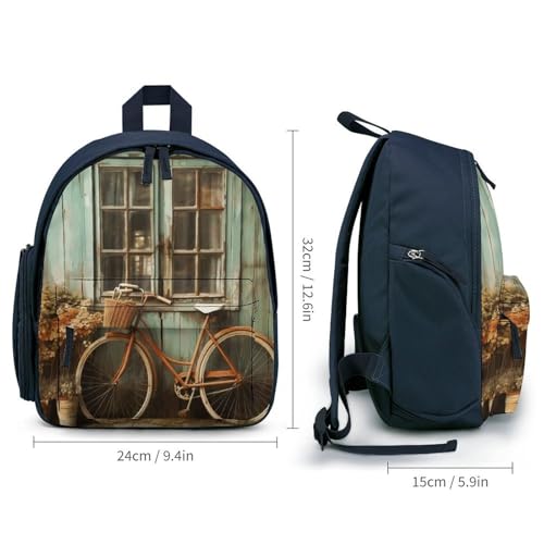 Vintage Window with Bicycle Backpack Small Book Bag with Side Pocket, Lightweight Durable Backpack, Travel Rucksack, Blue-style2