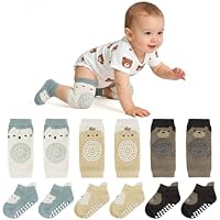 AOOTE 3 Paar Baby Knieschoner und 3 Paar Baby Socken Baby Krabbeln set, Rutschfeste Knieschoner und Socken für Babys mit Gummipunkten für Kleinkinder 0-12 Monate,S