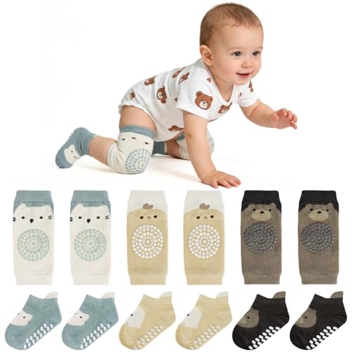 AOOTE 3 paires de genouillères pour bébé et 3 paires de chaussettes pour bébé, Genouillere Bebe pour bébé rampant, poignets, genouillères pour les tout-petits de 1 à 3 ans,M