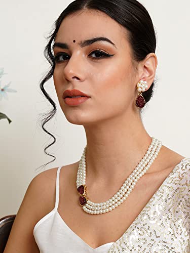 Image of Karatcart Pink Stone Studded Pearl Kundan Necklace Set for Women