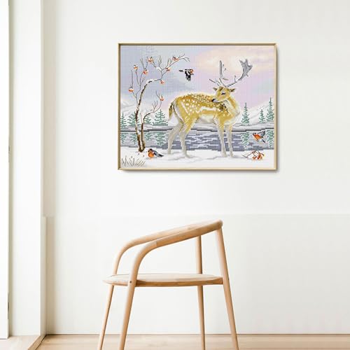 Image of ITSTITCH Stamped Cross Stitch Kits - Full Range of Embroidery Patterns for Beginners or Adults,14 CT 2 Strands DIY Counted Needlepoint Arts Craft-Deer and Birds 13.7x11.8 inch