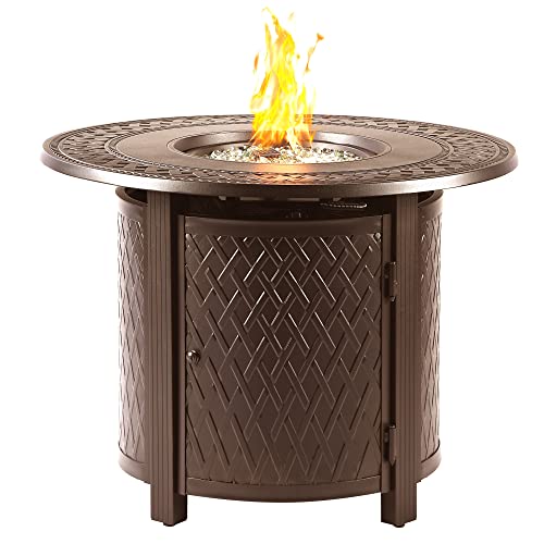 Image of Oakland Living Round 34 in. x 34 in. Aluminum Propane Fire Pit Table with Glass Beads, Two Covers, Lid, 37,000 BTUs in Brown Finish