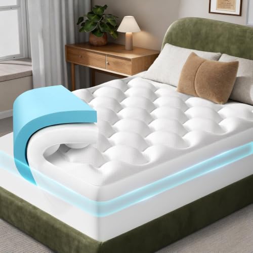 OhGeni 4-inch king dual-layer topper with 1000 air holes — shows the two-layer stack and elastic deep-pocket skirt for tall mattresses