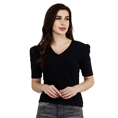 Image of POPWINGS Casual Solid Puff-Sleeves Crop Top for Women || V-Neck Crop Top for Women || Half-Sleeves Summer Crop Top for Women || Crop Tops for Women Fancy Crop Top for Women