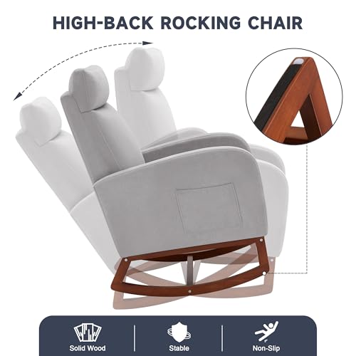Image of Rocking Chair Nursery High Back Rest Glider Rocker with Footrest Nursing Rocking Chairs Upholstered Accent Arm Chair for Living Room Bedroom Indoor, Light Gray