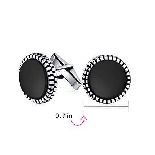 Classic Formal Geometric Blackened Pattern Edge Round Circle Genuine Black Onyx Shirt Cufflinks Men Groom Bullet Hinge .925 Sterling Silver #TOP3