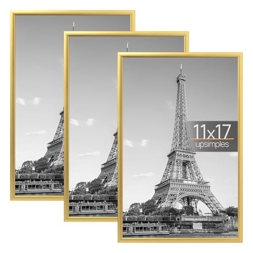 Image of upsimples 11x17 Picture Frame Gold 3 Pack, Scratch-Proof 11 x 17 Poster Frames for Photo Gallery - Slide-In Strips, Horizontal or Vertical Wall Mounting