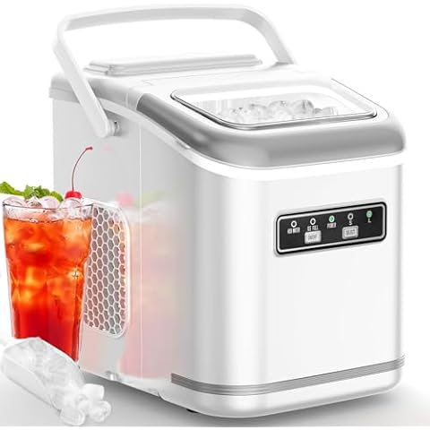 Kndko Ice Makers Countertop, Portable Ice Machine with Carry Handle, 26.5lbs/24Hrs, 6Mins/9 Ice Cubes, Self-Cleaning Countertop Ice Maker with Ice Basket/Scoop,for Home Bar Camping RV(White) Cover