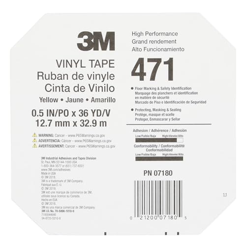 Image of 3M Vinyl Tape 471, 1 /2 in x 36 yd, Yellow, 1 Roll, Yellow Floor Tape, Paint Alternative for Floor Marking, Social Distancing, Color Coding, Safety Marking