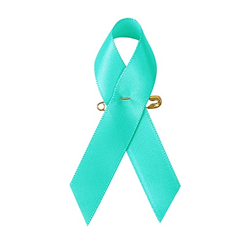 Image of 100 Pieces Teal Satin Awareness Ribbons with Safety Pins Cervical Cancer, Sexual Assault Awareness Accessories 1.4 * 3 inch