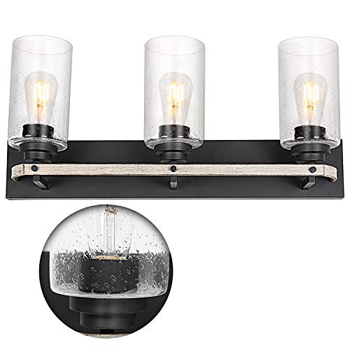3-Light Farmhouse Vanity Light, 24 inch Industrial Bathroom Light Fixture with Seeded Glass Shades, Vanity Lights Over Mirror, Faux Wood Wall Sconce Lighting