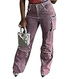 LKOUS Damen Cargo Distressed Jeans Y2K Streetwear Vintage Relaxed Fit Cargo Denim Pants, 1982 - Pink, Groß
