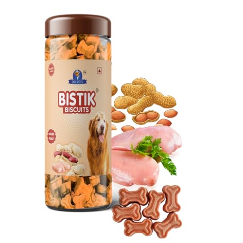 Image of Dr. Pets 450g Bistik Dog Biscuits | Chicken Peanut Flavour | Gluten Free Dog Treats for Puppies & Adult Dogs | Crunchy Daily Snack & Training Reward | Jar Pack