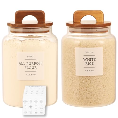 CZDYSM 2 Pack Large Glass Flour and Sugar Containers with 132 Pantry Labels - 64 FL OZ Glass Canisters with Bamboo Airtight Lids - Farmhouse Glass Cookie Jars for Rice, Pasta, Cereal, Bath Salt
