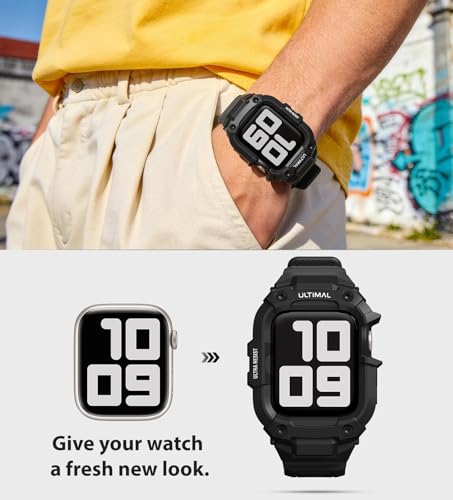 Image of ULTIMAL Rugged Band with Case for Apple Watch 45mm, Military-Grade Shockproof Protective Strap for Men, All-in-One Outdoor Sport Watch Band Compatible with iWatch Series 9 /8 /7 (Black)