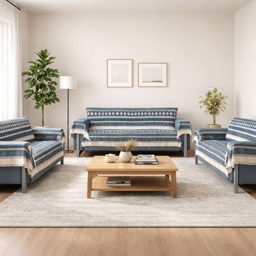 Image of Elegant Woven Turquoise Sofa Cover Soft Chenille Traditional Pattern with Lace Style | L-Shape Sectional Seat Protector for Living Room | Durable & Stylish Slipcover 7 Seater with Arms