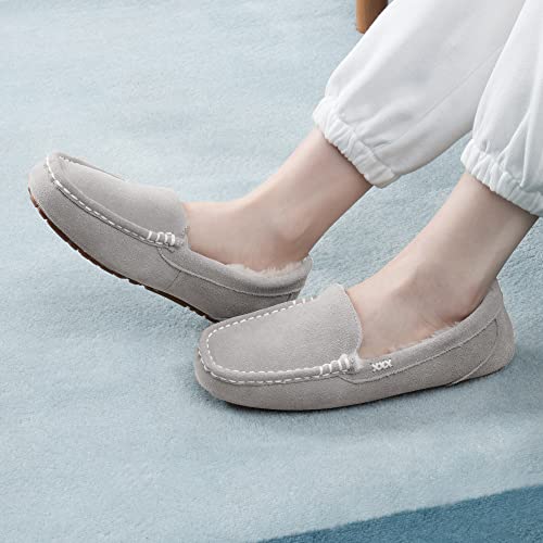 DREAM PAIRS Women's Fuzzy House Slippers Cozy Faux Fur Micro Suede Moccasins Slip on Loafer Shoes for Indoor and Outdoor,Size 7.5-8,Light/Grey,AUZY-01