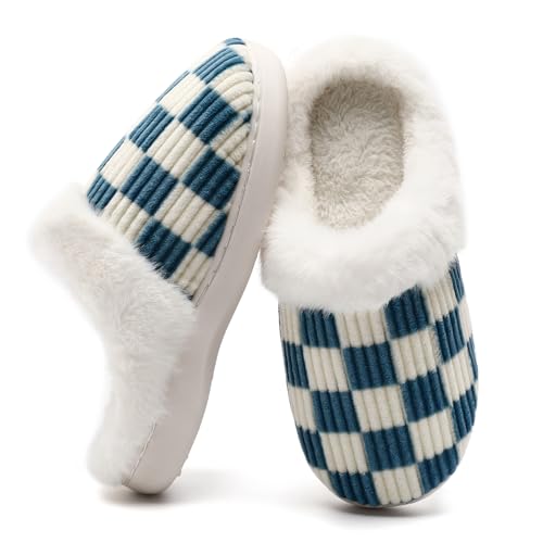 Image of Yueerlu House Slippers for Women Men, Fuzzy Checkered Mens Womens Slippers Warm Memory Foam House Shoes Indoor Outdoor with Faux Fur Lining