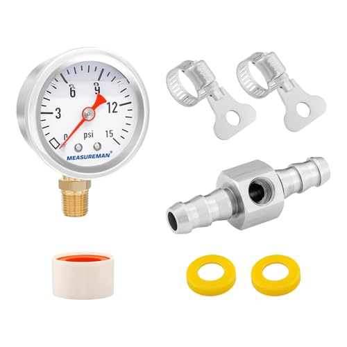 MEASUREMAN 0-15 Psi Glycerin Filled Fuel Pressure Gauge, 1.5” Dial, 304 Stainless Steel Case, 1/8” NPT Lower Mount, with 3/8” Fuel Line Adapter, Copper Tube &amp; Fittings, Red Aluminum Pointer