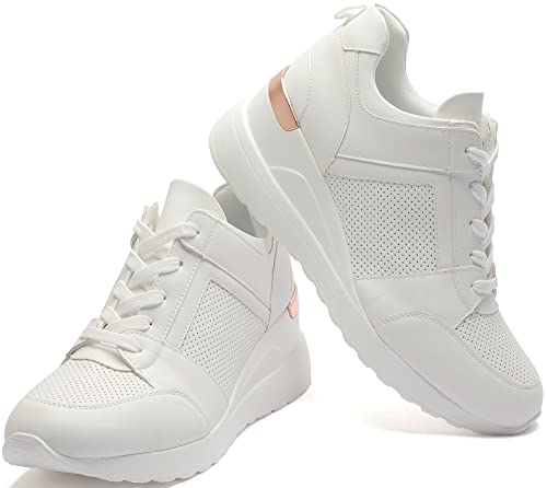 YZ Fashion Wedge Sneaker for Women High Heel Lace Up Platform Sneakers (White, 7.5)