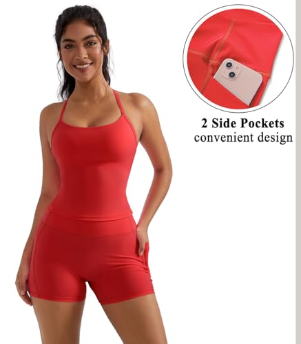 OMKAGI Women Padded Sports Bra Tank Workout Sets with Pockets and Booty Shorts
| OMKAGI Women's Padding Sports Bra Tank
