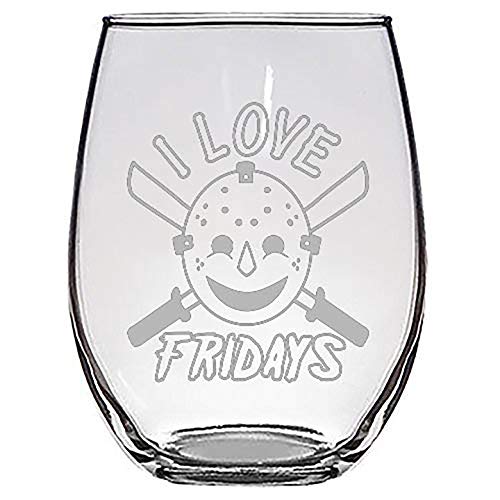 I Love Fridays Hockey Mask Machete Man Horror Film Movie Parody - Laser Engraved Stemless Wine Glasses