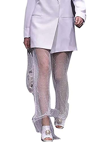 Fstrend Sparkly Crystal Fishnet Pants Rhinestone See Through Mesh Bottoms White Bikini Rave Festival Party Summer Beach Clubwear Accessories Jewelry for Women and Girls (115CM, White)