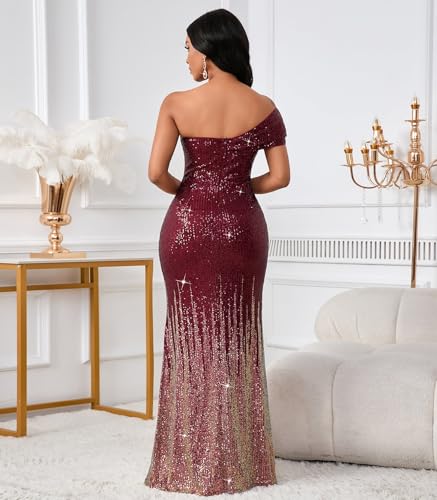 Image of Cololura Women Sexy Sequin One Shoulder Mermaid Formal Party Cocktail Gowns Bodycon Evening Maxi Dress