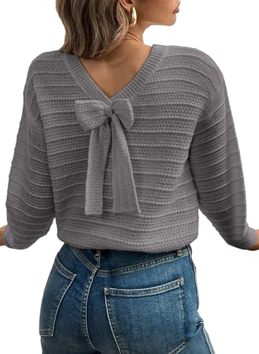 Image of EVALESS Sweaters for Women Long Sleeve Fall Outfits 2026 Back Bow Knot Sweaters Round Neck Solid Knit Pullover Tops