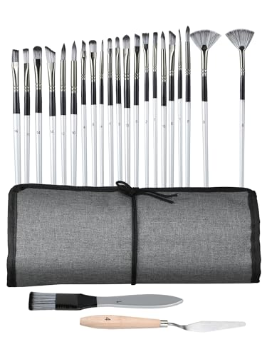 Lot de 24 pinceaux professionnels avec fibres synthétiques, set de pinceaux acrylique, incl. couteau de peinture & pinceau plat + 22 pinceaux d'artiste, pour acrylique, huile, aquarelle & peinture sur