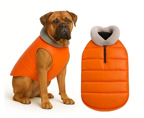 Image of The Pets Company Dog Winter Coat Jacket, Clothes, Windproof, Waterproof, Light Weight, Washable, Ultra Warm Thick Fleece Lined Dog Vest for Cold Weather Protection, (Orange, XX-Large - 30 Inch)