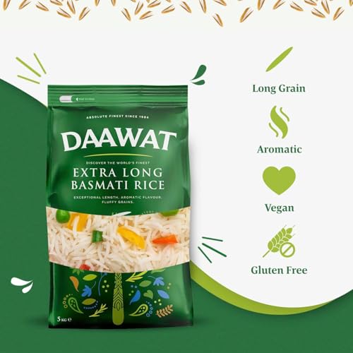 Daawat Extra Long Basmati Rice with Exceptional Length, Aromatic Flavour, Fluffy Grains, Elongates up to 24mm when Cooked, Non-Sticky and Ideal for all types of Dishes - 5Kg