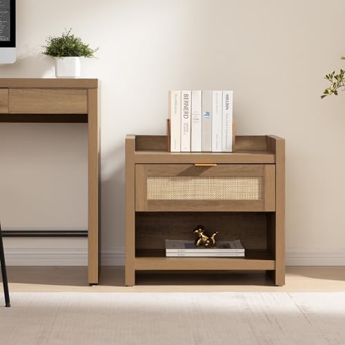 Image of SICOTAS Night Stand Bed Side Table - Rattan Nightstand with Type-C Charging Station,Drawer Storage End Table - Boho Bedside Night Stands for Bedroom - Natural Oak