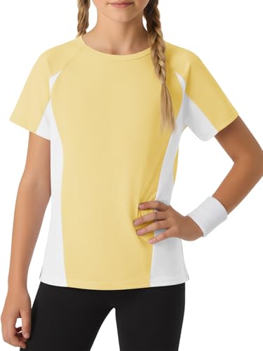 Haloumoning Girls Colorblock Short Sleeve Athletic Shirts Kids Quick Dry T-Shirts Crew Neck Activewear Tops 5-14 Yearsc Pale Yellow