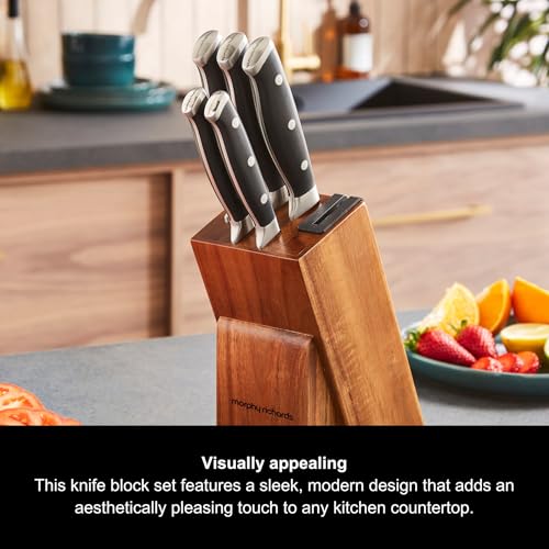 Morphy Richards 5-Piece Knife Block with Sharpener, Kitchen Set, Butt-Welded Design, Long Lasting Sharpness, Precision Cutting, Ergonomic, Acacian Wood, Paring, Ultilty Slicing, Bread, Chef, 868000 - Image 2
