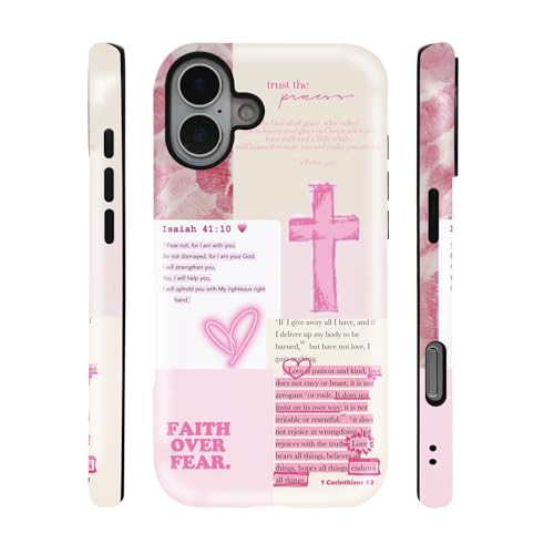qizjio Bible Verse Phone Case Shockproof Protective Pink Cross Cases for iPhone 16 Plus