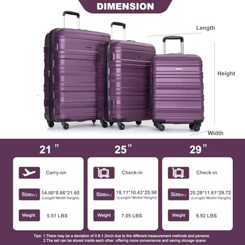 Expandable 3 Piece Luggage Sets Pc Lightweight & Durable Suitcase (21/25/29) Dark Purple2