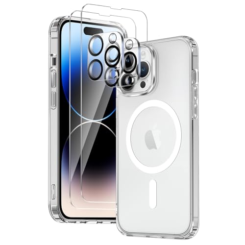 COPIKE Coque Magnétique pour iPhone 14 Pro Max avec 2 Verres Trempés et 2 Caméra Protecteur, Compatible avec MagSafe, Étui Aimantée Anti-Jaune Antichoc Anti-Rayures Dos PC et Bumper TPU, Transparente