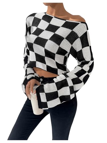 SOLY HUX Women's Plaid Sweater Checkered Print Off Shoulder Drop Shoulder Long Sleeve Pullover Crop Tops