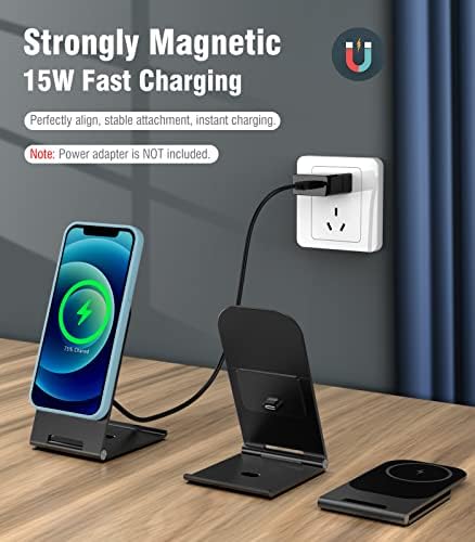 Moko Armor Foldable Magnetic Wireless Charger Stand Aluminum Alloy, Compatible with iPhone 14/13/12 Pro/Pro Max/Mini Fast Charging Station Dock Wireless Magsafe Desk Charger Holder, Black