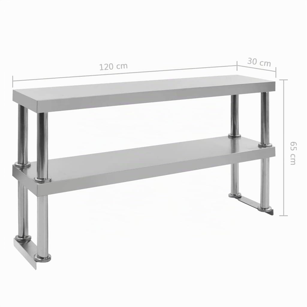 vidaXL Etagère de Table de Travail 2 Niveaux Table de Travail de Restaurant Bar Poste de Travail Gastronomie Cuisine Maison 120x30x65 cm Acier Inoxydable