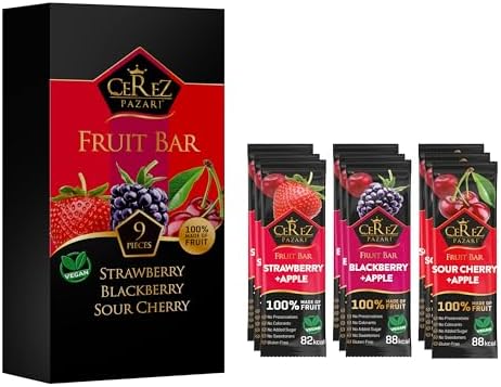 Cerez Pazari Fruit Leather Snacks Variety Pack for Adults and Kids, Healthy Fruit Snacks Bulk, Vegan Real Fruit Bars, No Added Sugar Snacks with Strawberry, Blackberry and Sour Cherry 25g x 9 pack