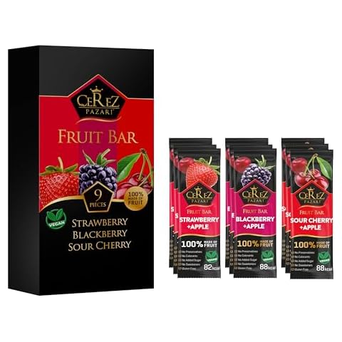 Cerez Pazari Fruit Leather Snacks Variety Pack for Adults and Kids, Healthy Fruit Snacks Bulk, Vegan Real Fruit Bars, No Added Sugar Snacks with Strawberry, Blackberry and Sour Cherry 25g x 9 pack Cover
