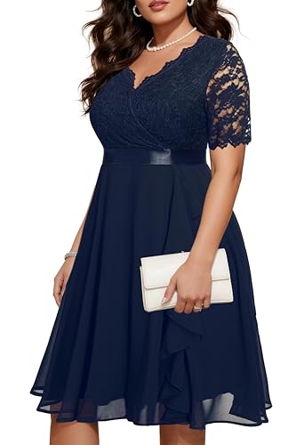 Plus Size Wedding Guest Midi Dresses Semi Formal Navy Blue Cocktail Party Summer Elegant Mother Lace Curvy Women Fall