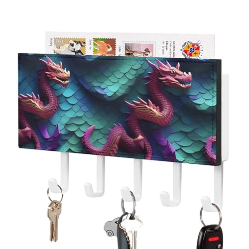 3D Magical Dragon Scales Key Holder Rack Hanger Wall Mount Decorative Mail Holder with 5 Hooks Mail Organizer Wall Mounted Adhesive Coat & Key Hooks for Wall Entryway Hallway Kitchen Easy Installation