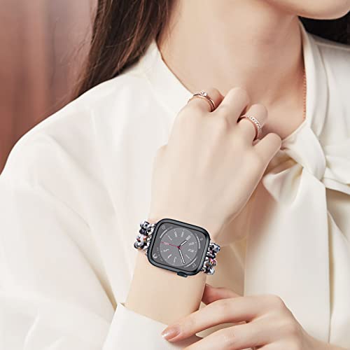 Image of MOFREE Beaded Bracelet Compatible with Apple Watch Band 38mm /40mm /41mm /42mm, Fashion Elastic Stretch Women Bands for iWatch Series 11 /10 /9 /8 /7 /SE /6 /5 /4 /3 /2 /1 iPhone Watch Strap Bands (Black /Gray)