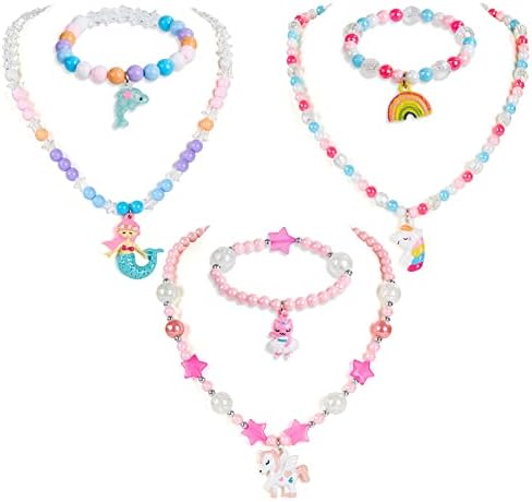 Bling Bling Unicorn Chunky Bubblegum Necklace, Unicorn Fashion Beads and Bracelet Set, Kids Toddler Dress Up Jewelry-Style1 (Style 1)